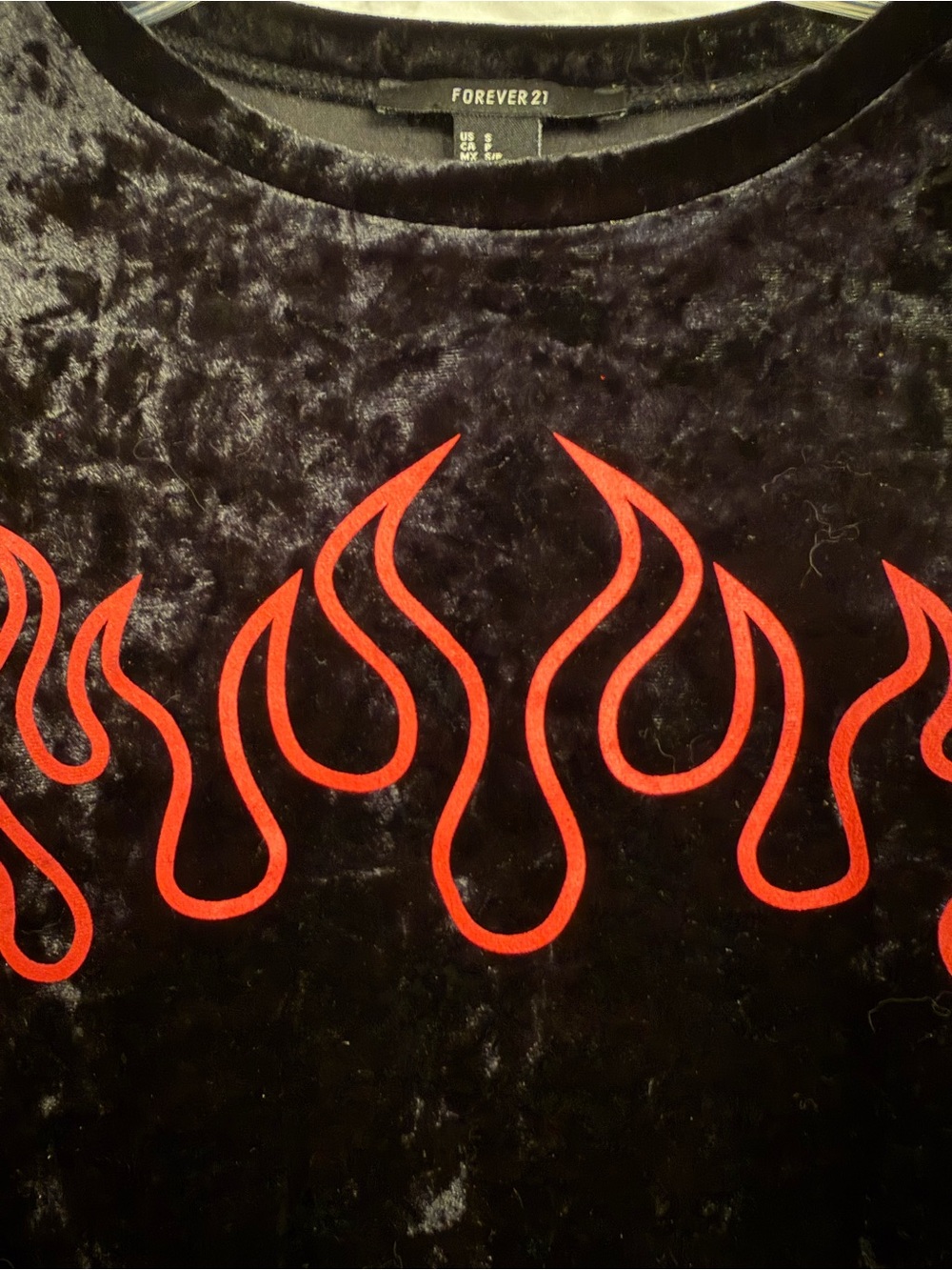 Forever 21 Black Velvet Long Sleeve Crop Top with Red Flame Design - Picture 2 of 5